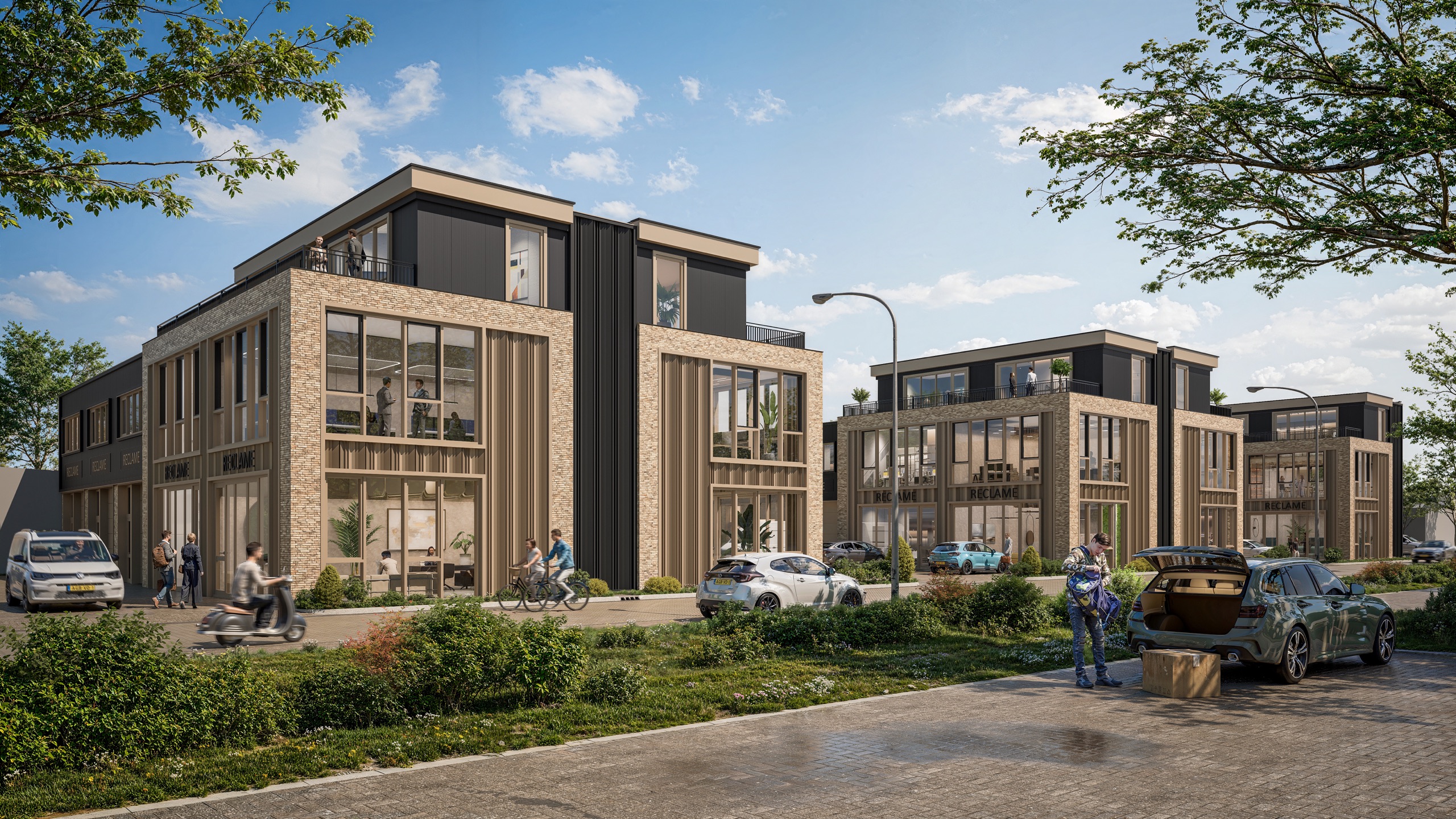 Render van de bedrijfsunits vanaf de straat